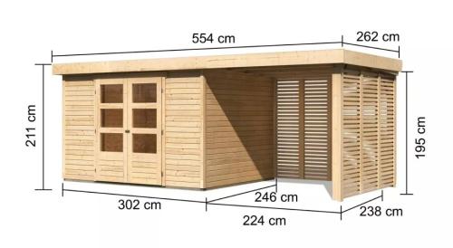 dřevěný domek KARIBU ASKOLA 5 + přístavek 240 cm včetně zadní a boční stěny (9158) natur