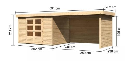 dřevěný domek KARIBU ASKOLA 5 + přístavek 280 cm včetně zadní a boční stěny (77737) natur
