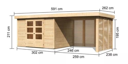 dřevěný domek KARIBU ASKOLA 5 + přístavek 280 cm včetně zadní a boční stěny (9163) natur